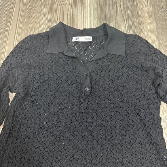 Zara Black Lace Collared Long Sleeve Top Medium Romantic Chic - Picture 2 of 6